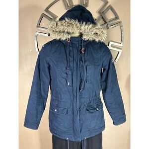 CROPP Navy Blue Fur Hood Parka Jacket Women's XL Get Ready For‎ Cold Outwear